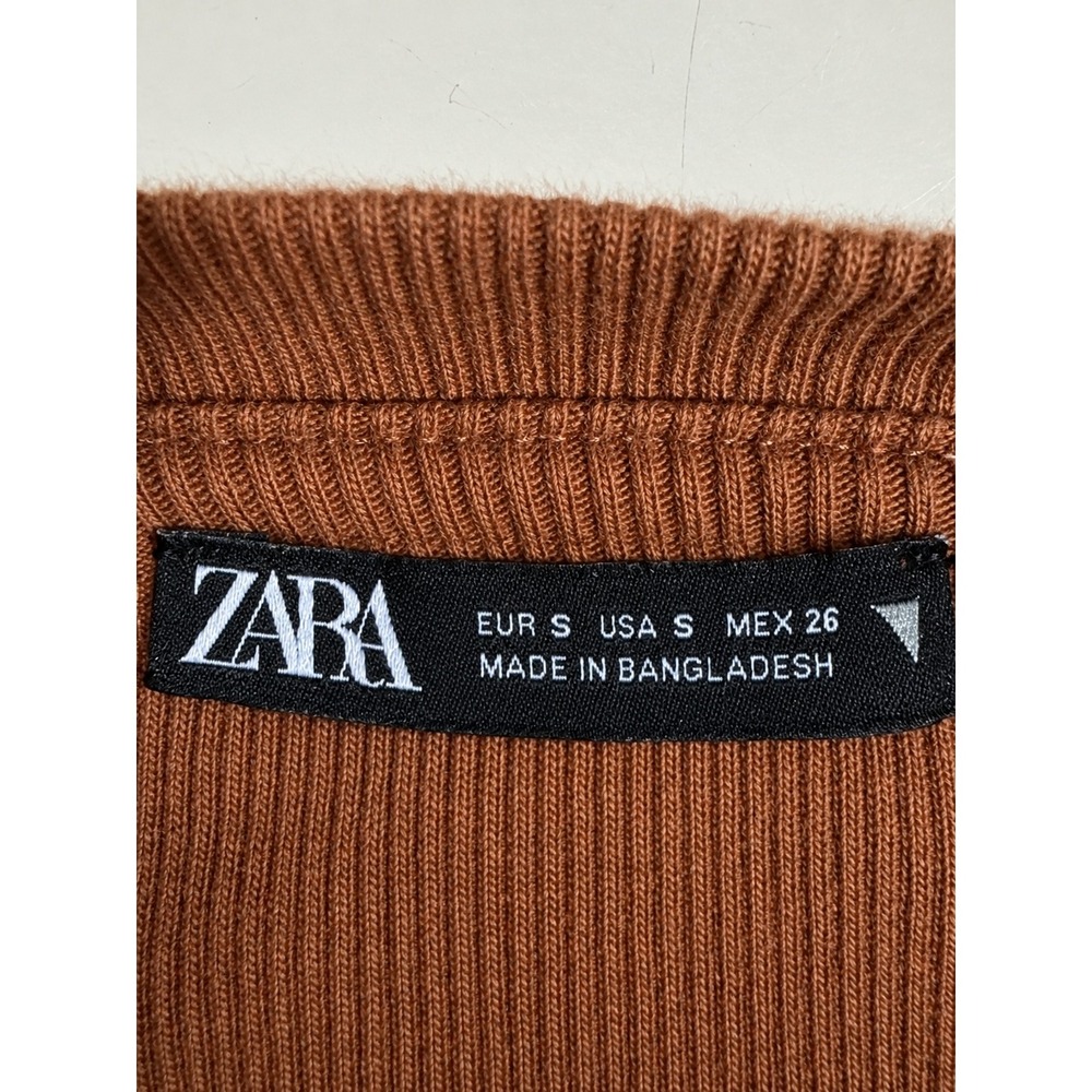 Zara Brown Ribbed Ruched Side Drawstring Bodycon Mini Dress Small Stretch - Picture 5 of 6